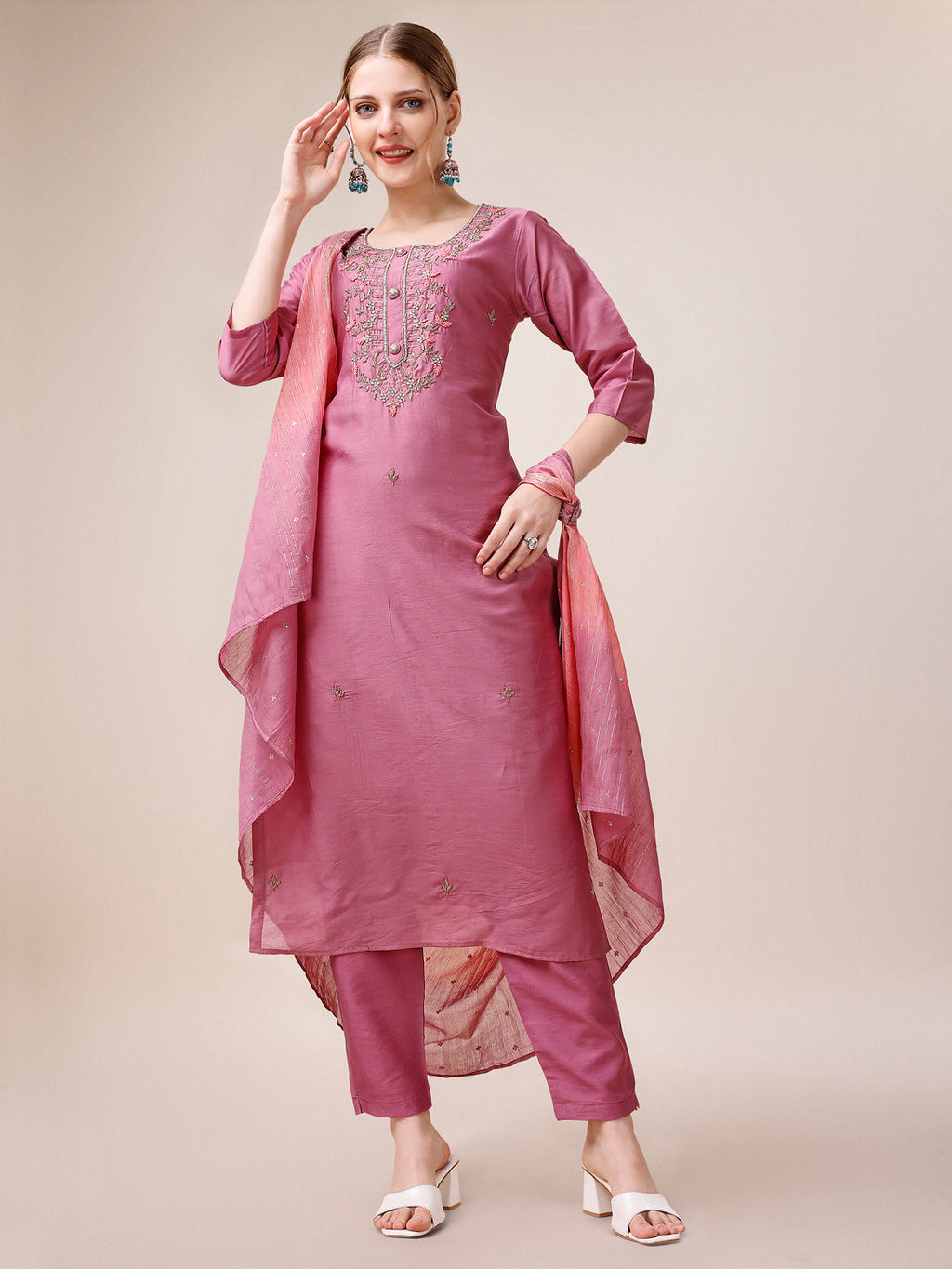 Hand Embroidered Kurta With Pant And Dupatta Set, Multicolor - Hiral Fashion | Grocsy