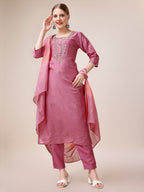 Hand Embroidered Kurta With Pant And Dupatta Set, Multicolor - Hiral Fashion | Grocsy