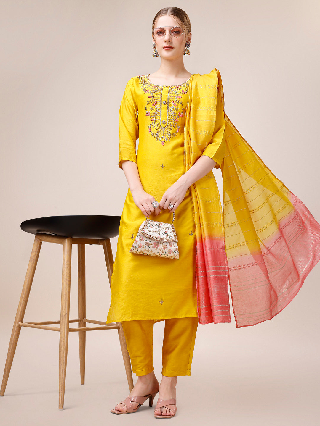 Hand Embroidered Kurta With Pant And Dupatta Set, Multicolor - Hiral Fashion | Grocsy