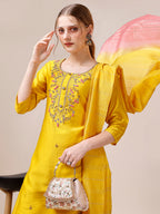 Hand Embroidered Kurta With Pant And Dupatta Set, Multicolor - Hiral Fashion | Grocsy