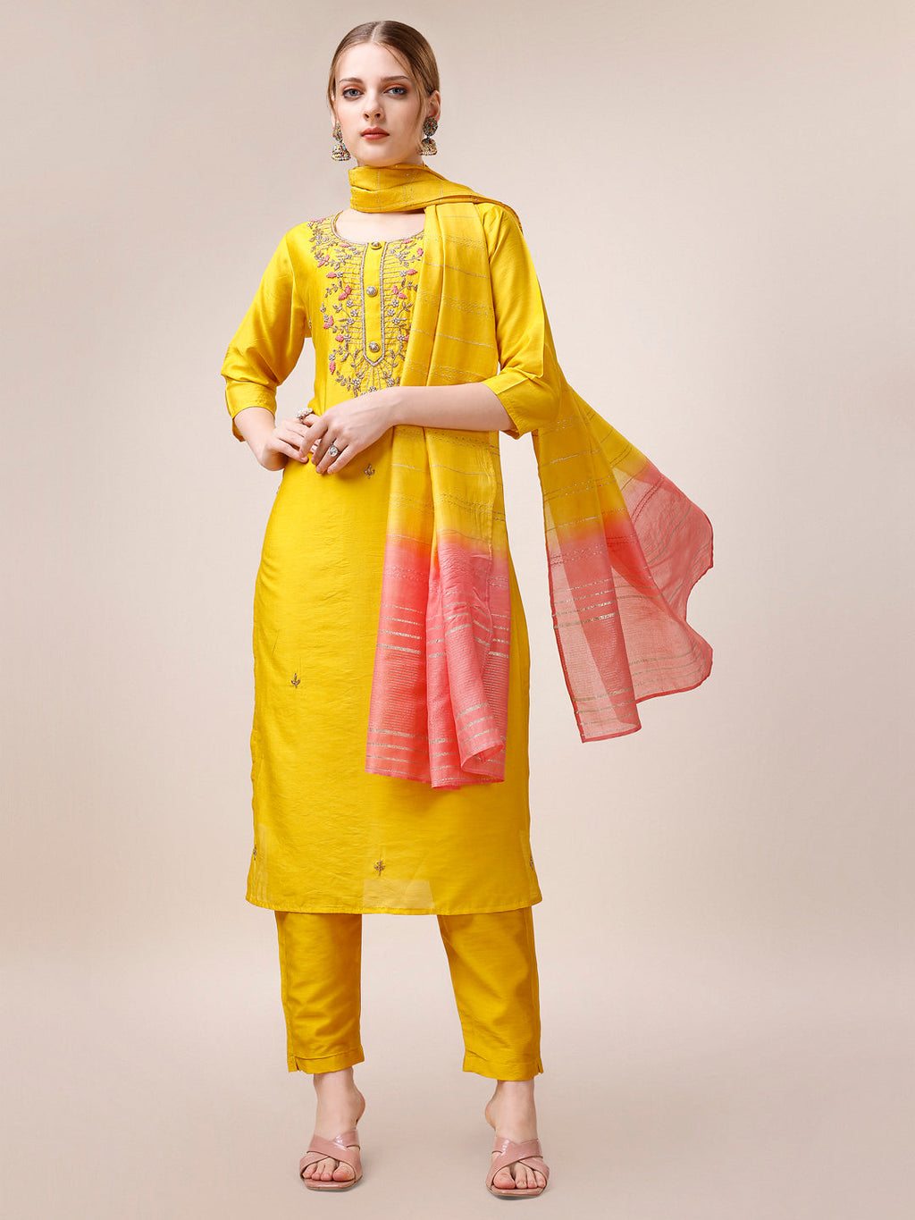 Hand Embroidered Kurta With Pant And Dupatta Set, Multicolor - Hiral Fashion | Grocsy