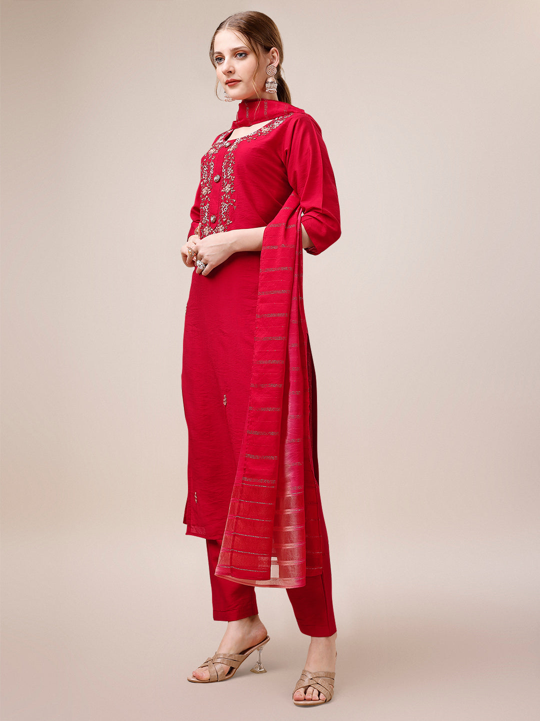 Hand Embroidered Kurta With Pant And Dupatta Set, Multicolor - Hiral Fashion | Grocsy