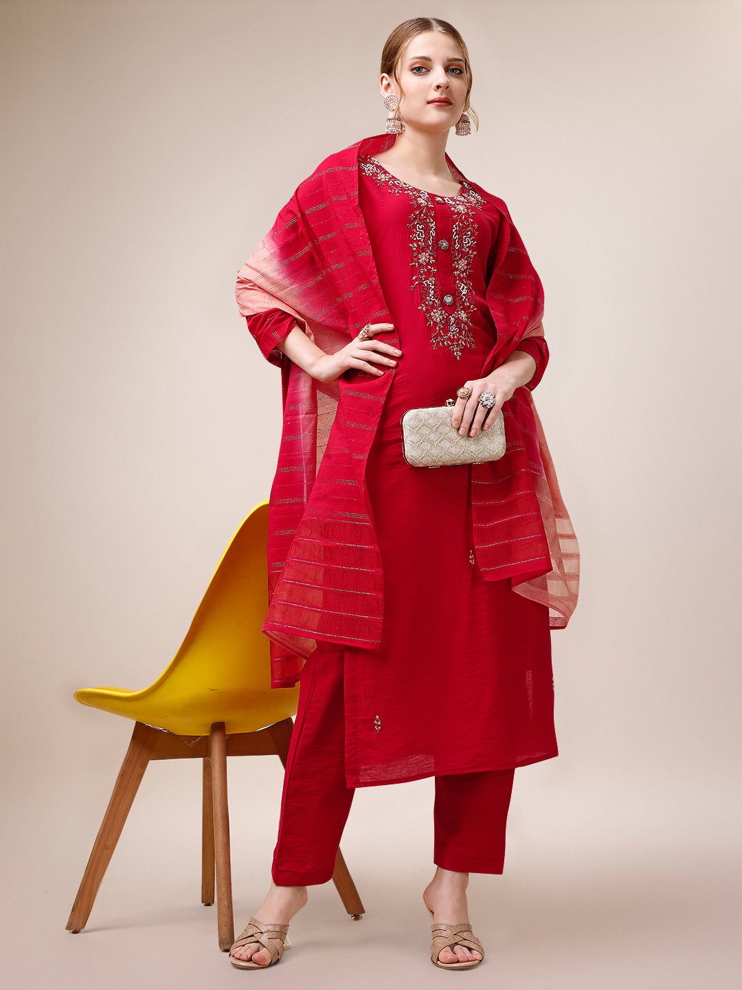 Hand Embroidered Kurta With Pant And Dupatta Set, Multicolor - Hiral Fashion | Grocsy