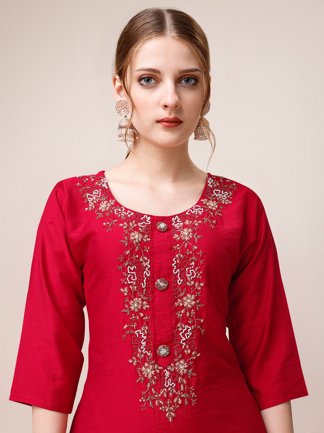 Hand Embroidered Kurta With Pant And Dupatta Set, Multicolor - Hiral Fashion | Grocsy