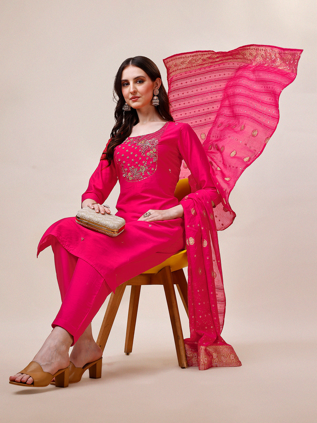 Pink Chanderi Embroidered Kurta With Pant & Dupatta Set., Multicolor - Hiral Fashion | Grocsy