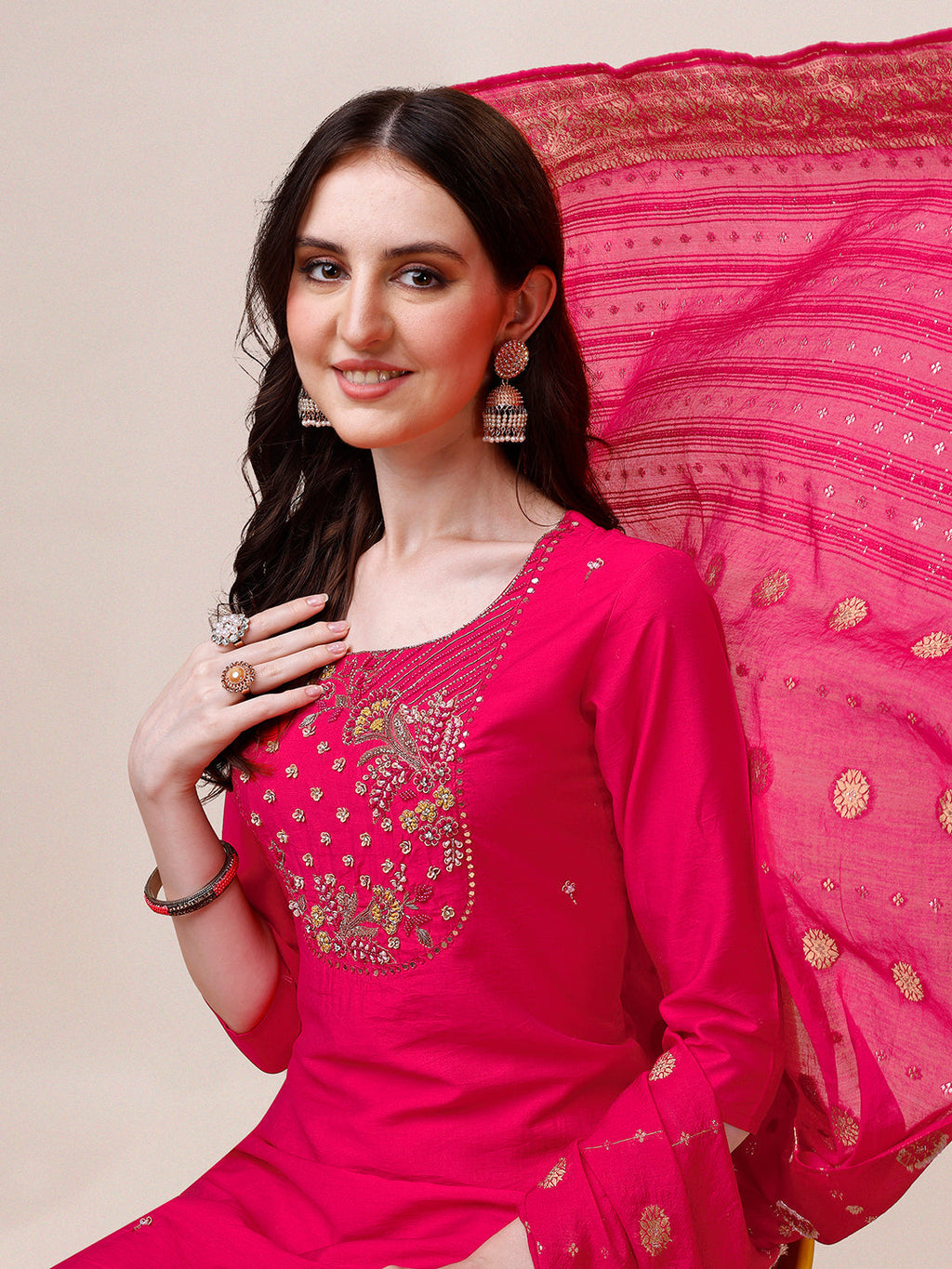 Pink Chanderi Embroidered Kurta With Pant & Dupatta Set., Multicolor - Hiral Fashion | Grocsy