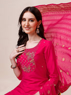 Pink Chanderi Embroidered Kurta With Pant & Dupatta Set., Multicolor - Hiral Fashion | Grocsy
