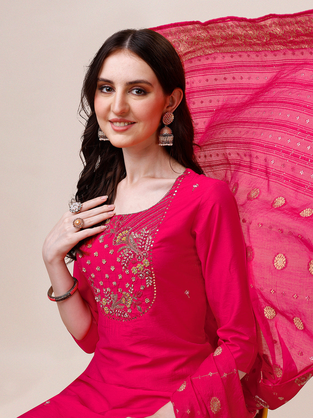 Pink Chanderi Embroidered Kurta With Pant & Dupatta Set., Multicolor - Hiral Fashion | Grocsy