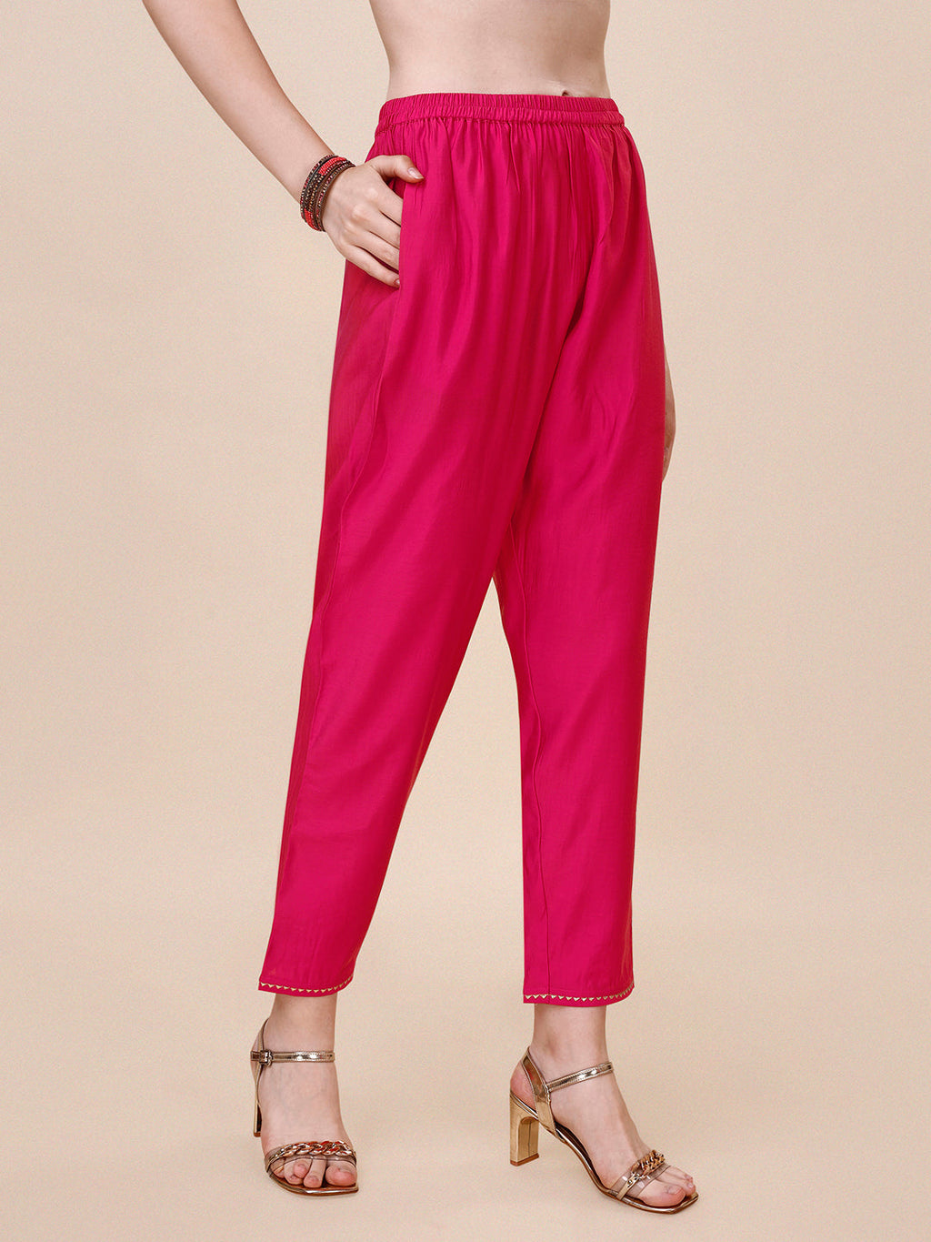 Pink Chanderi Embroidered Kurta With Pant & Dupatta Set., Multicolor - Hiral Fashion | Grocsy