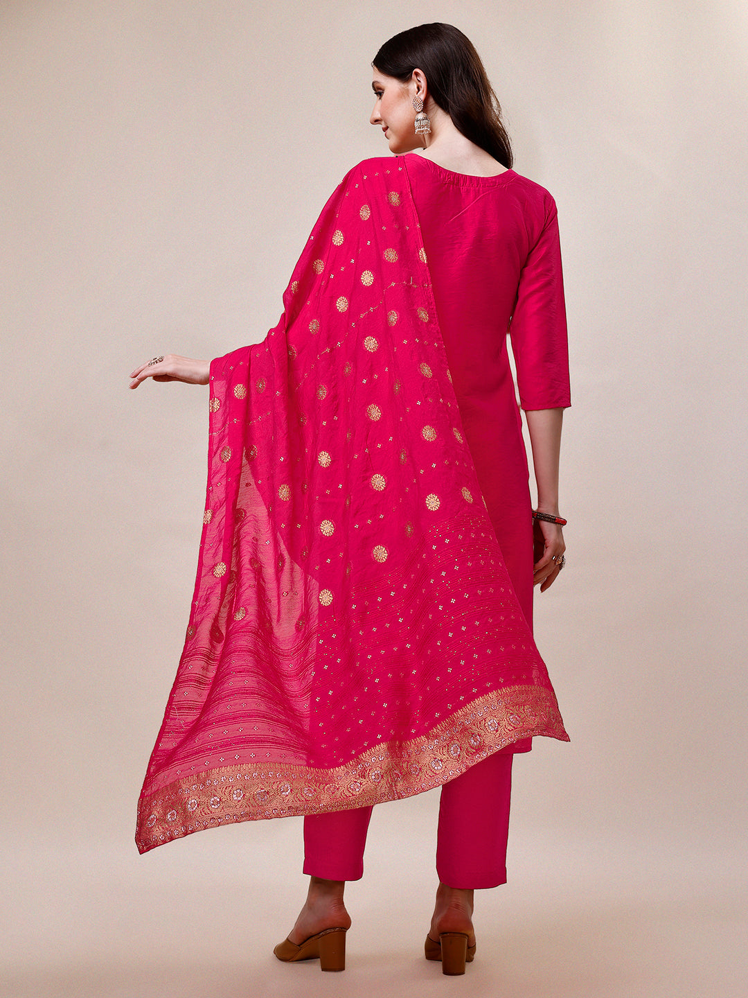 Pink Chanderi Embroidered Kurta With Pant & Dupatta Set., Multicolor - Hiral Fashion | Grocsy