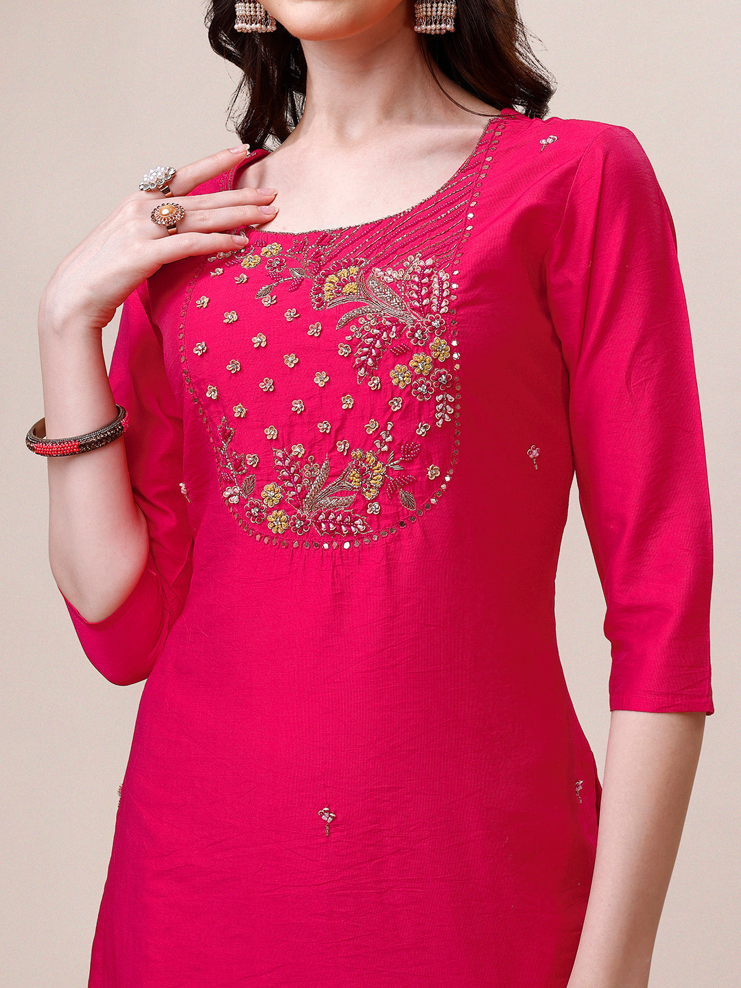 Pink Chanderi Embroidered Kurta With Pant & Dupatta Set., Multicolor - Hiral Fashion | Grocsy