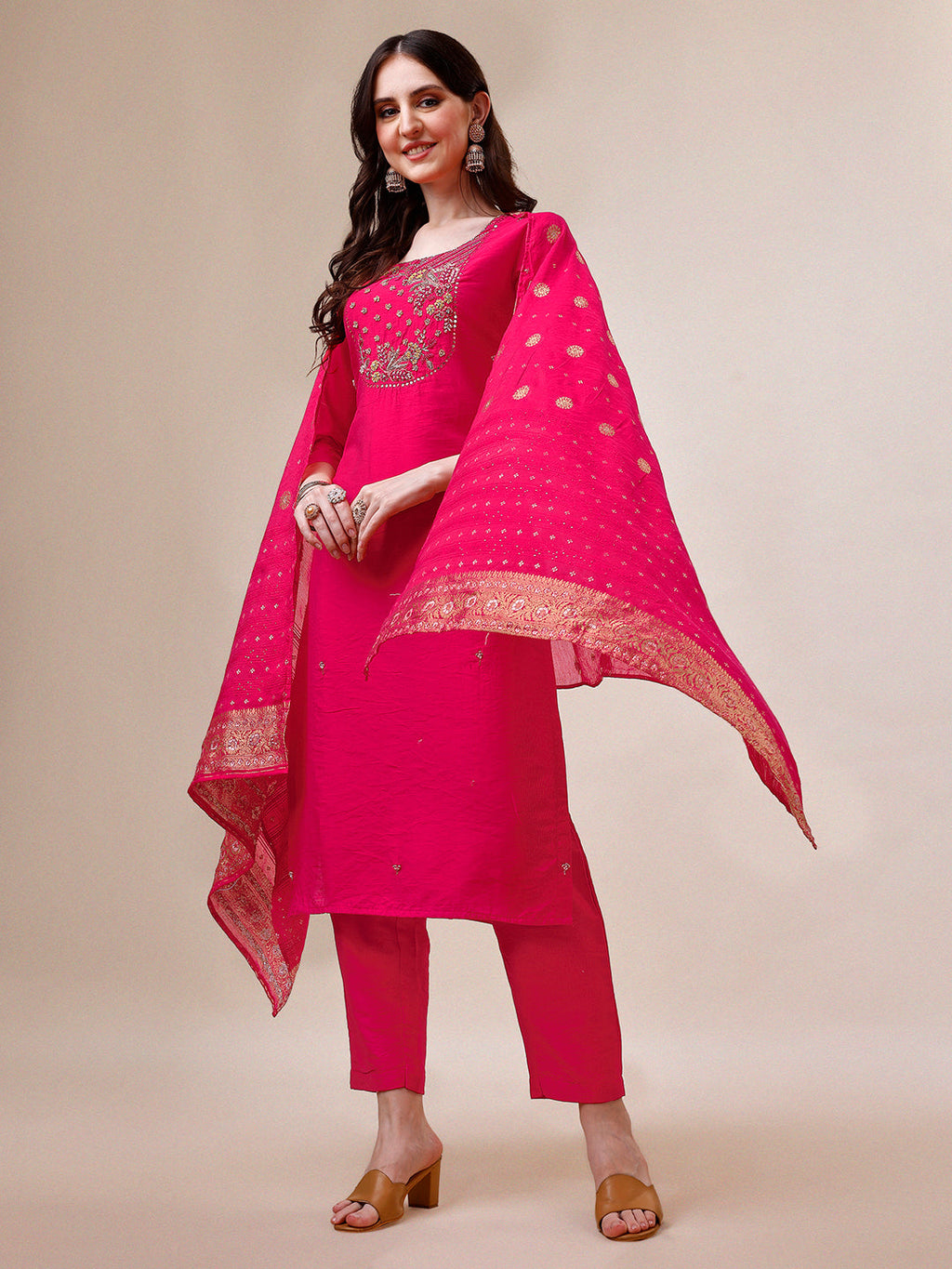 Pink Chanderi Embroidered Kurta With Pant & Dupatta Set., Multicolor - Hiral Fashion | Grocsy