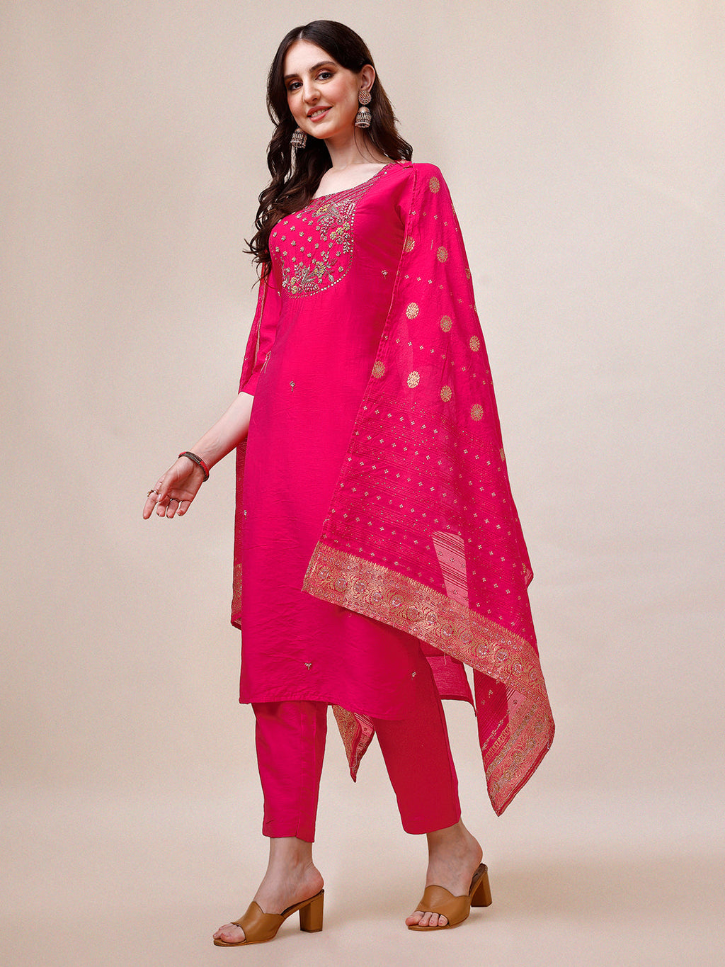 Pink Chanderi Embroidered Kurta With Pant & Dupatta Set., Multicolor - Hiral Fashion | Grocsy