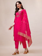 Pink Chanderi Embroidered Kurta With Pant & Dupatta Set., Multicolor - Hiral Fashion | Grocsy