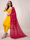 Yellow Chanderi Hand Embroidered Kurta With Pant & Dupatta Set., Multicolor - Hiral Fashion | Grocsy
