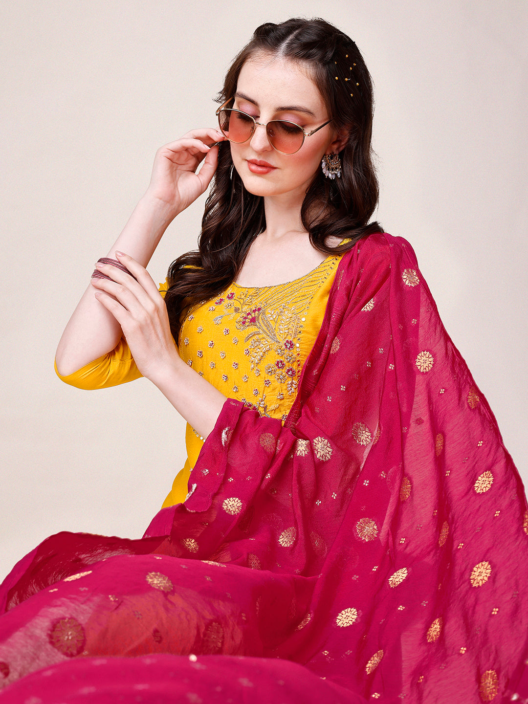 Yellow Chanderi Hand Embroidered Kurta With Pant & Dupatta Set., Multicolor - Hiral Fashion | Grocsy