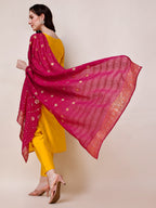 Yellow Chanderi Hand Embroidered Kurta With Pant & Dupatta Set., Multicolor - Hiral Fashion | Grocsy
