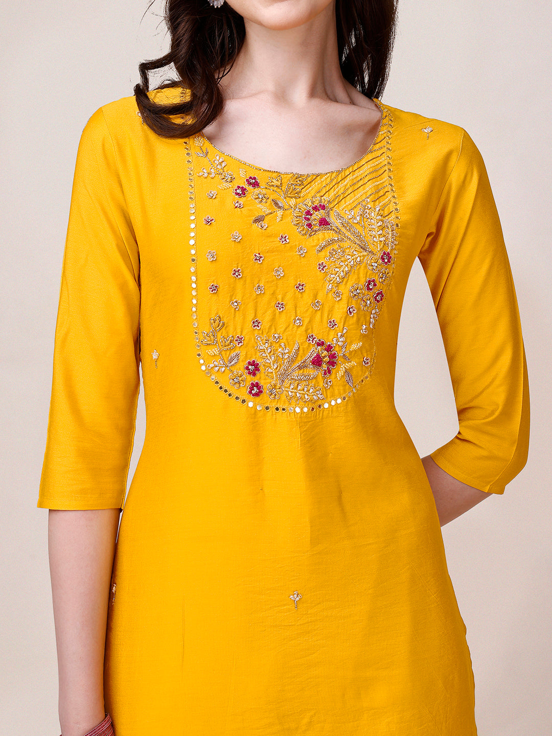 Yellow Chanderi Hand Embroidered Kurta With Pant & Dupatta Set., Multicolor - Hiral Fashion | Grocsy