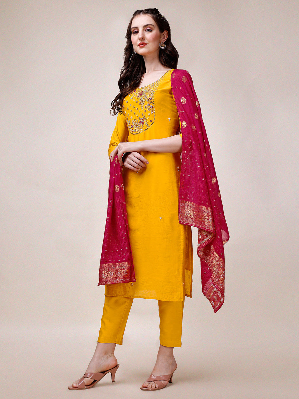 Yellow Chanderi Hand Embroidered Kurta With Pant & Dupatta Set., Multicolor - Hiral Fashion | Grocsy