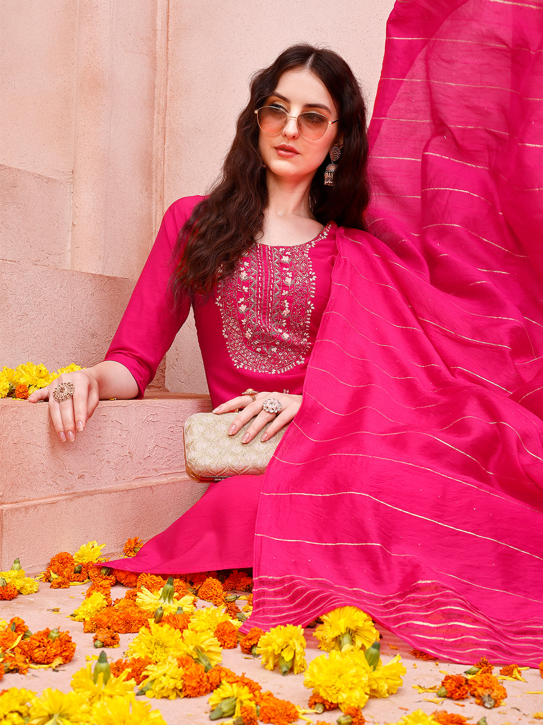 Embroidered Kurta With Pant And Dupatta Set, Multicolor - Hiral Fashion | Grocsy