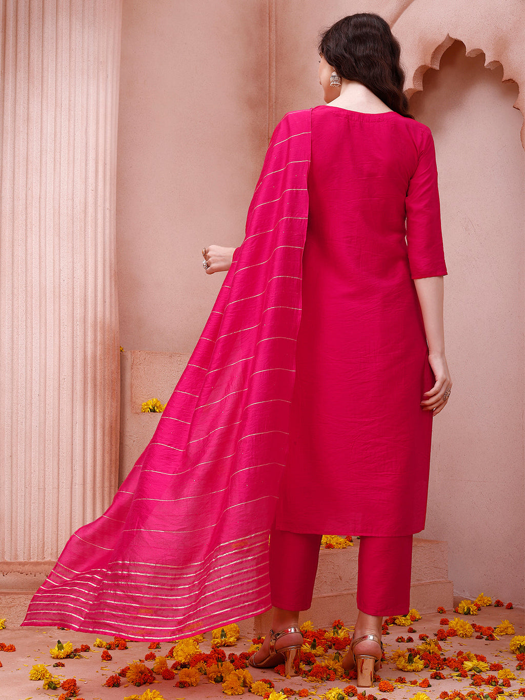 Embroidered Kurta With Pant And Dupatta Set, Multicolor - Hiral Fashion | Grocsy
