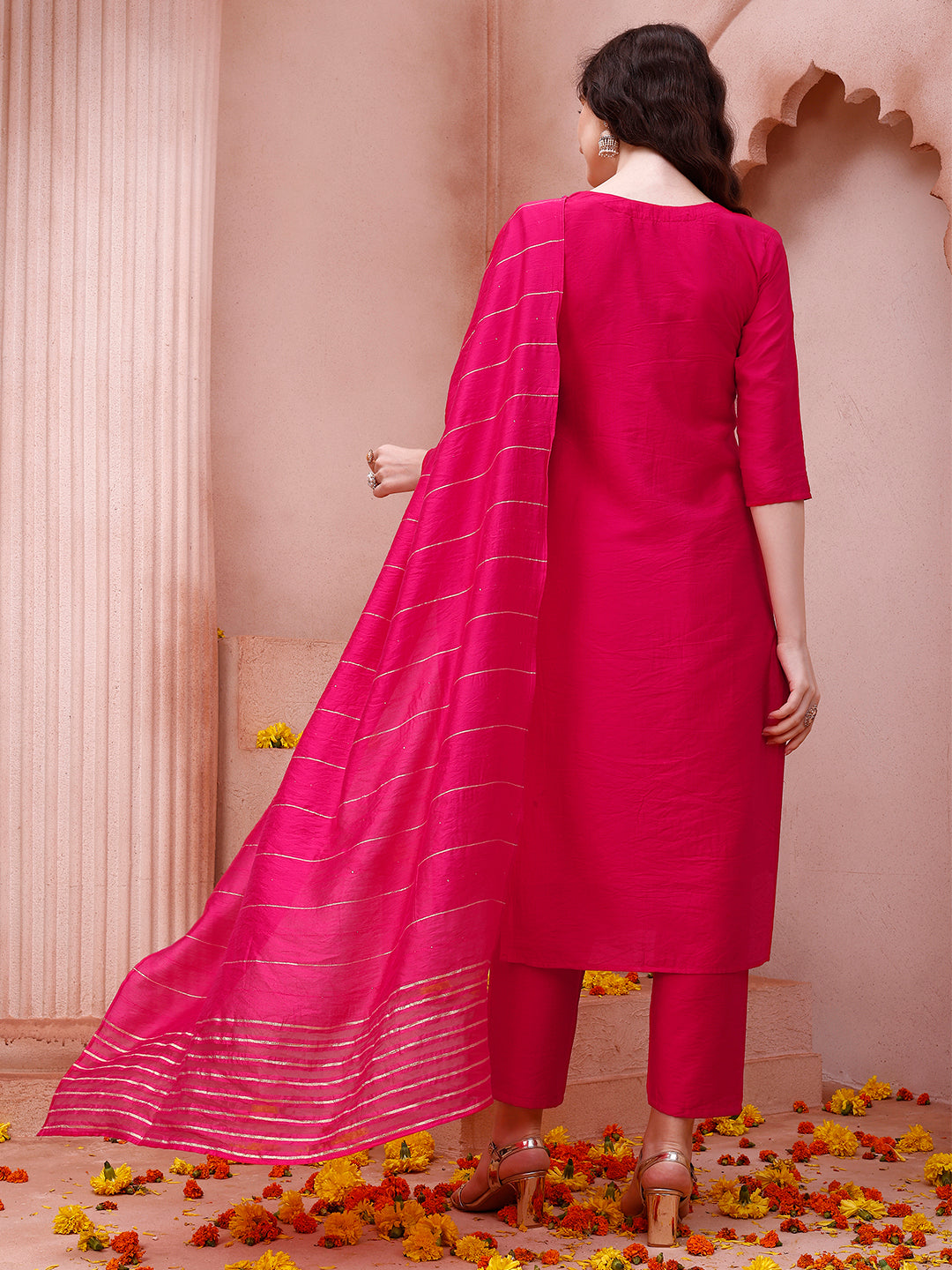 Embroidered Kurta With Pant And Dupatta Set, Multicolor - Hiral Fashion | Grocsy