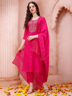 Embroidered Kurta With Pant And Dupatta Set, Multicolor - Hiral Fashion | Grocsy