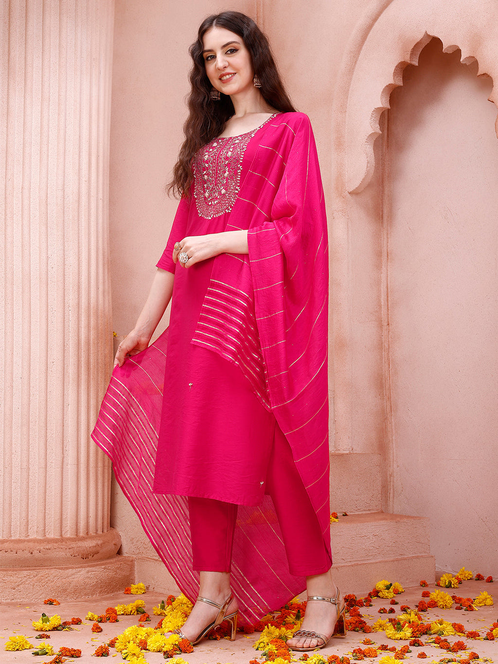 Embroidered Kurta With Pant And Dupatta Set, Multicolor - Hiral Fashion | Grocsy
