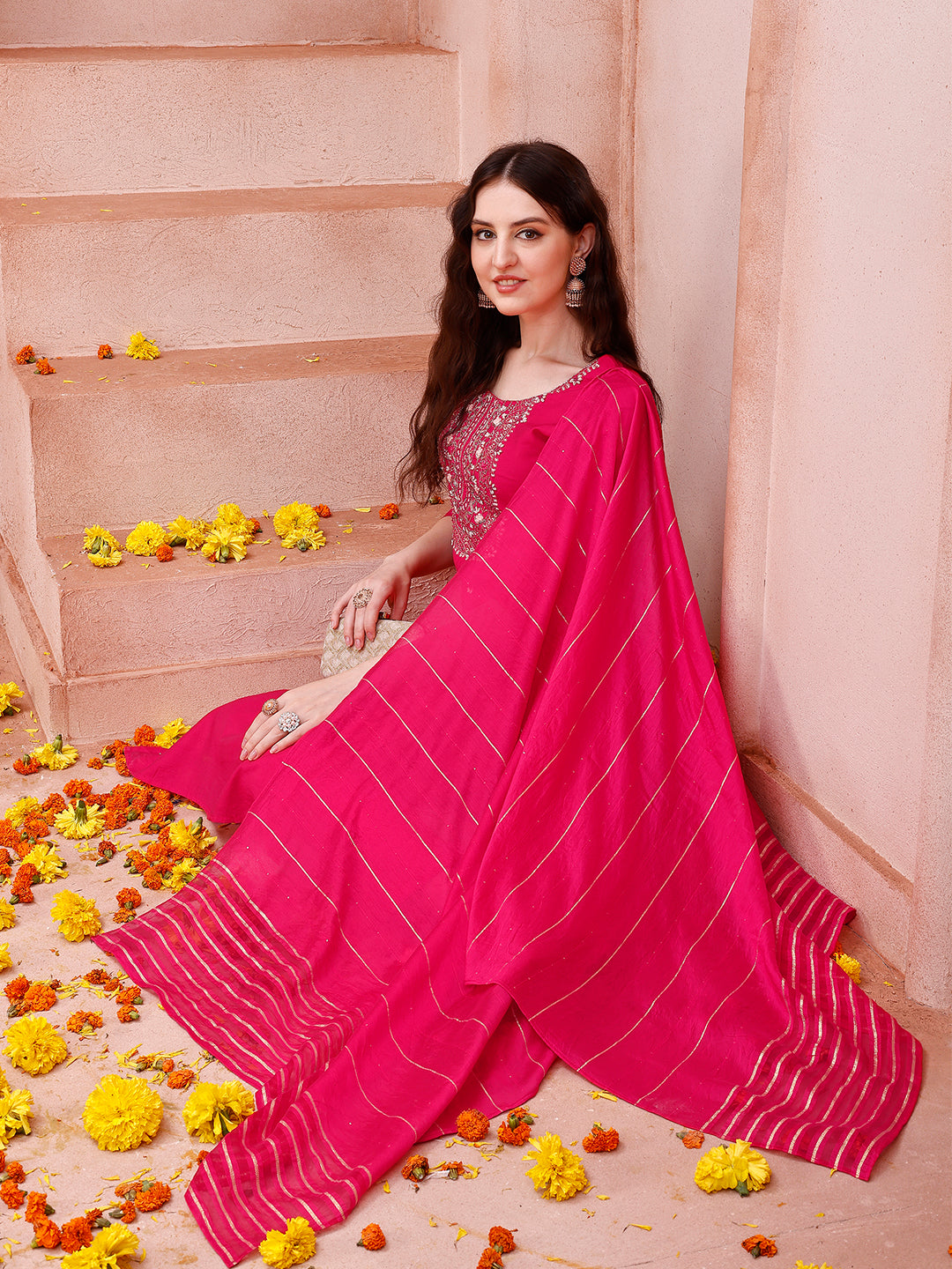 Embroidered Kurta With Pant And Dupatta Set, Multicolor - Hiral Fashion | Grocsy