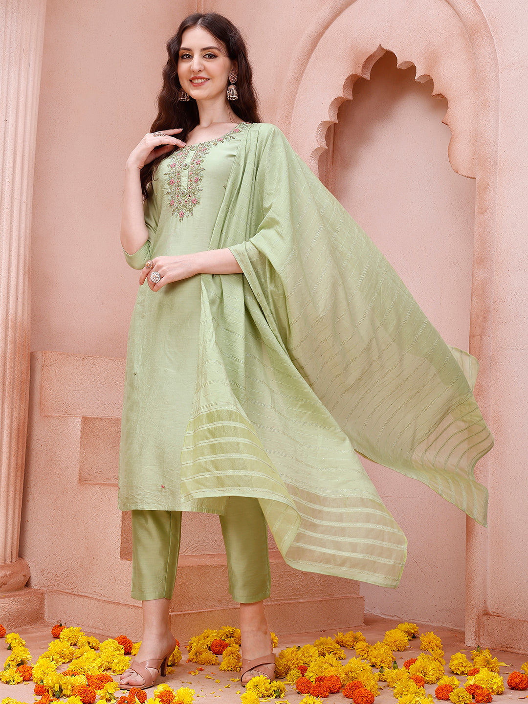 Thread Embroidered Kurta With Pant And Dupatta Set, Multicolor - Hiral Fashion | Grocsy