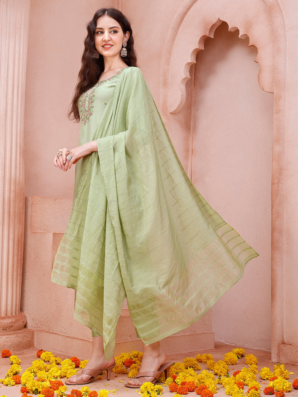 Thread Embroidered Kurta With Pant And Dupatta Set, Multicolor - Hiral Fashion | Grocsy