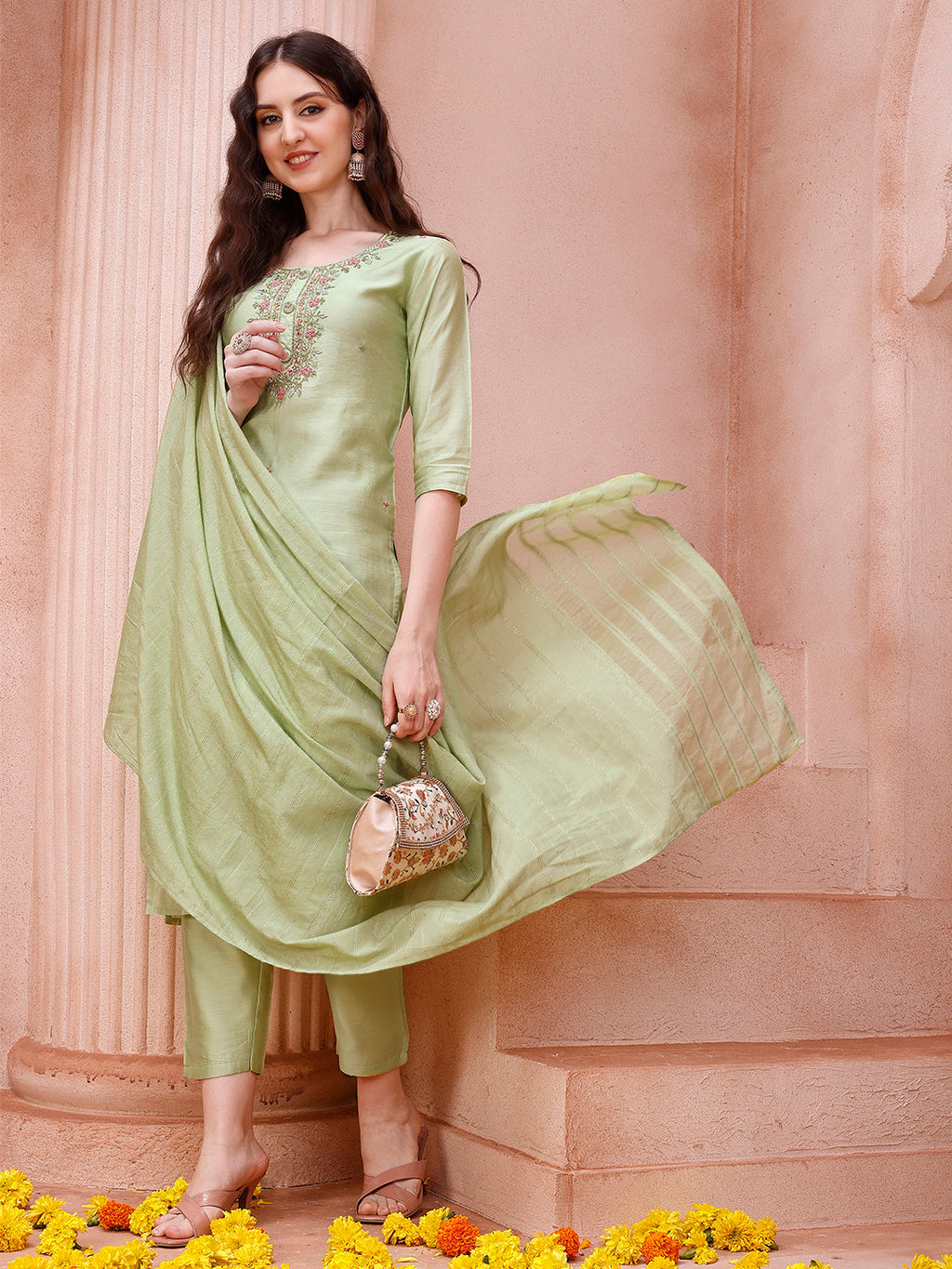 Thread Embroidered Kurta With Pant And Dupatta Set, Multicolor - Hiral Fashion | Grocsy