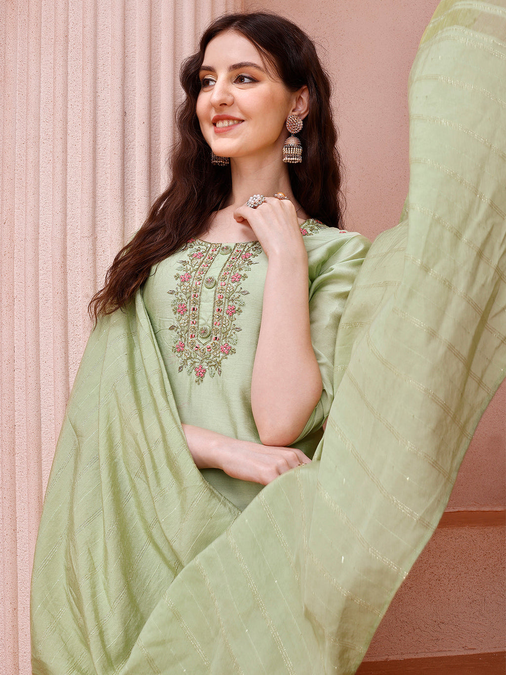 Thread Embroidered Kurta With Pant And Dupatta Set, Multicolor - Hiral Fashion | Grocsy