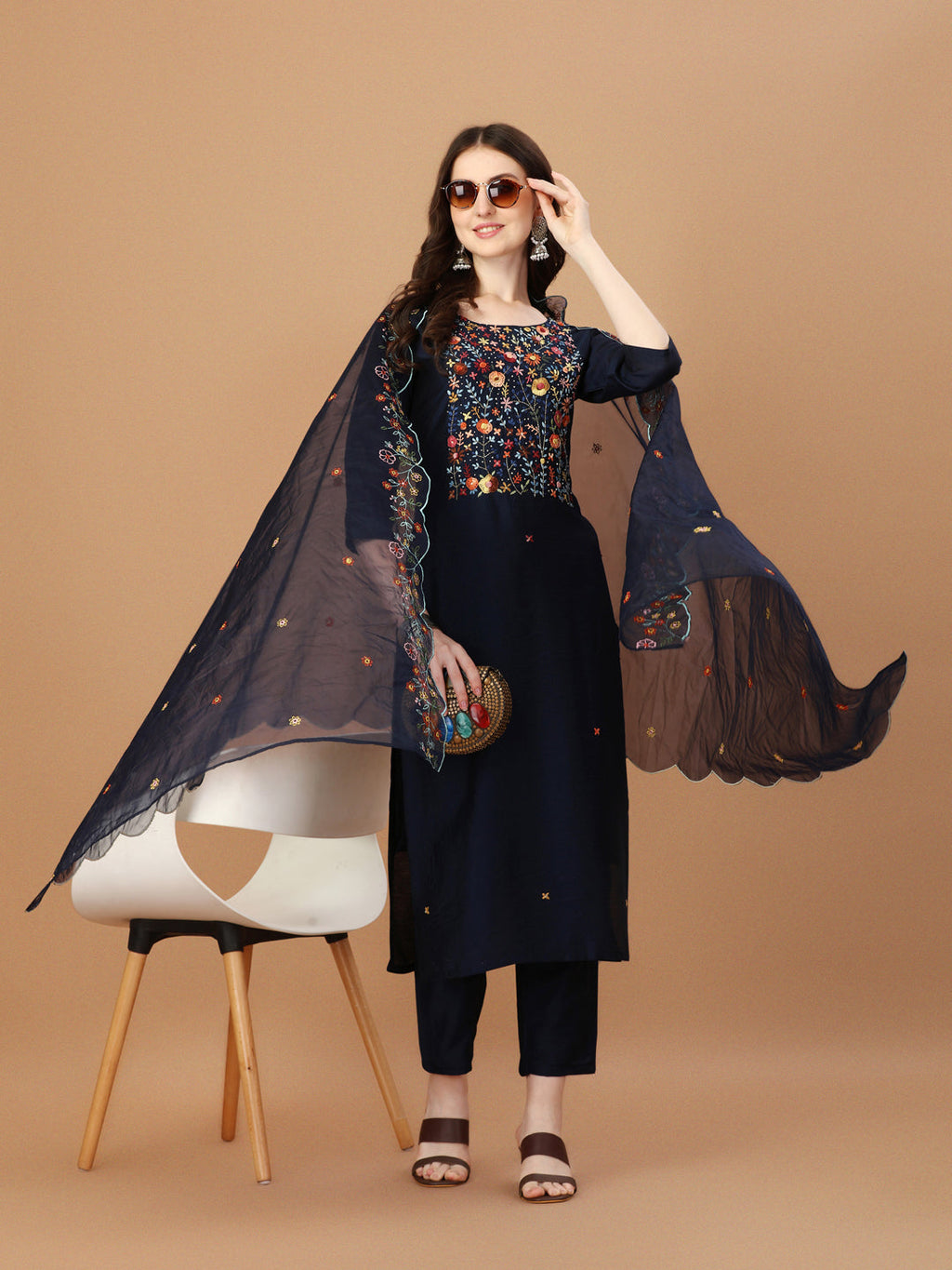 Embroidered Kurta With Pant And Embroidered Dupatta Set, Multicolor - Hiral Fashion | Grocsy
