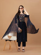 Embroidered Kurta With Pant And Embroidered Dupatta Set, Multicolor - Hiral Fashion | Grocsy