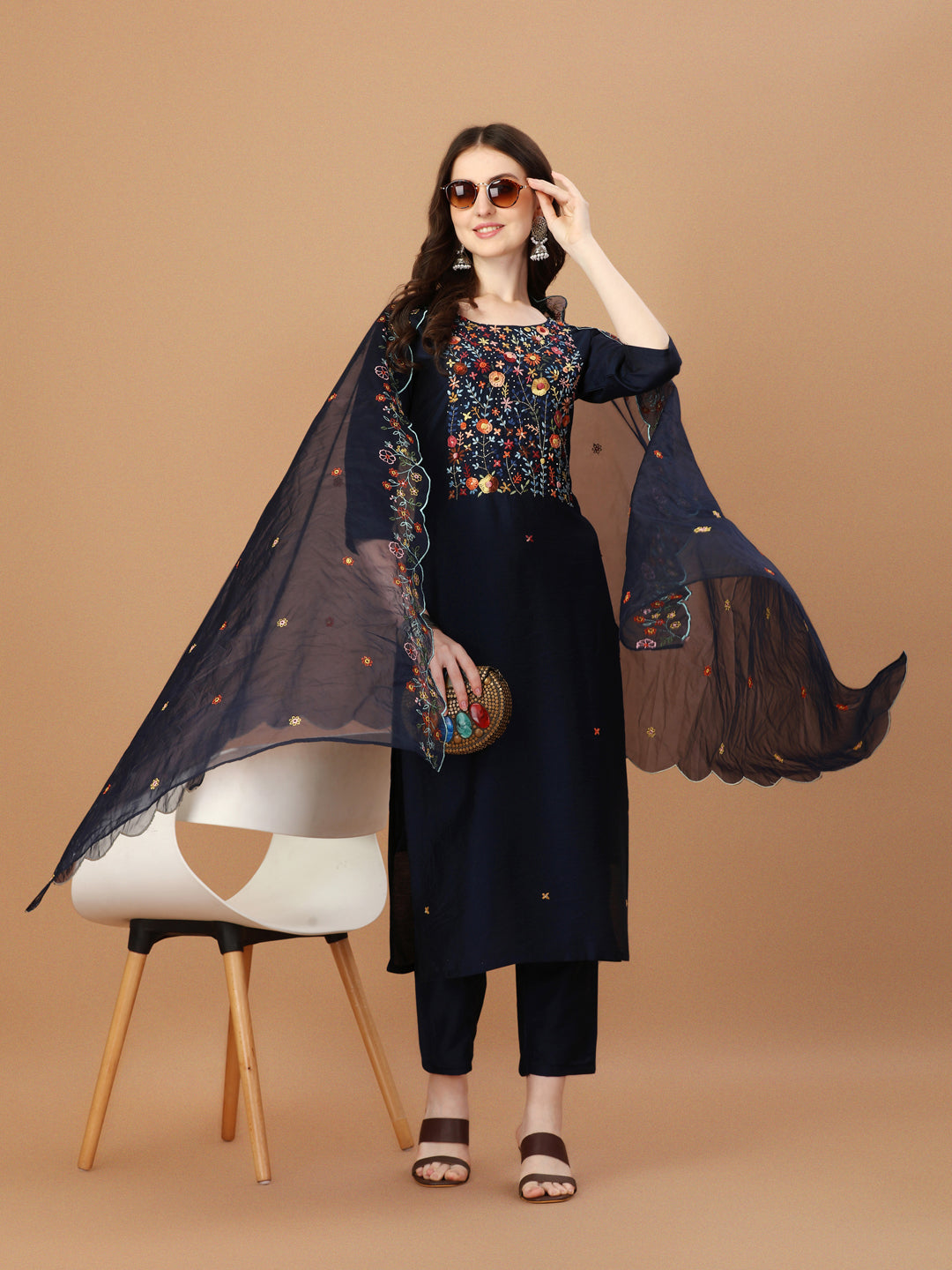 Embroidered Kurta With Pant And Embroidered Dupatta Set, Multicolor - Hiral Fashion | Grocsy