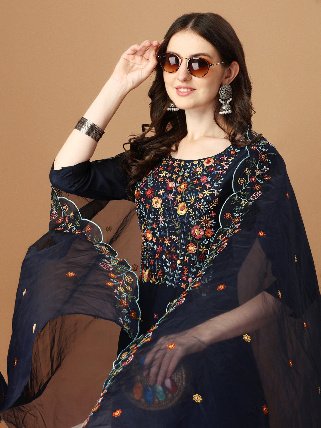 Embroidered Kurta With Pant And Embroidered Dupatta Set, Multicolor - Hiral Fashion | Grocsy