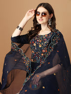 Embroidered Kurta With Pant And Embroidered Dupatta Set, Multicolor - Hiral Fashion | Grocsy