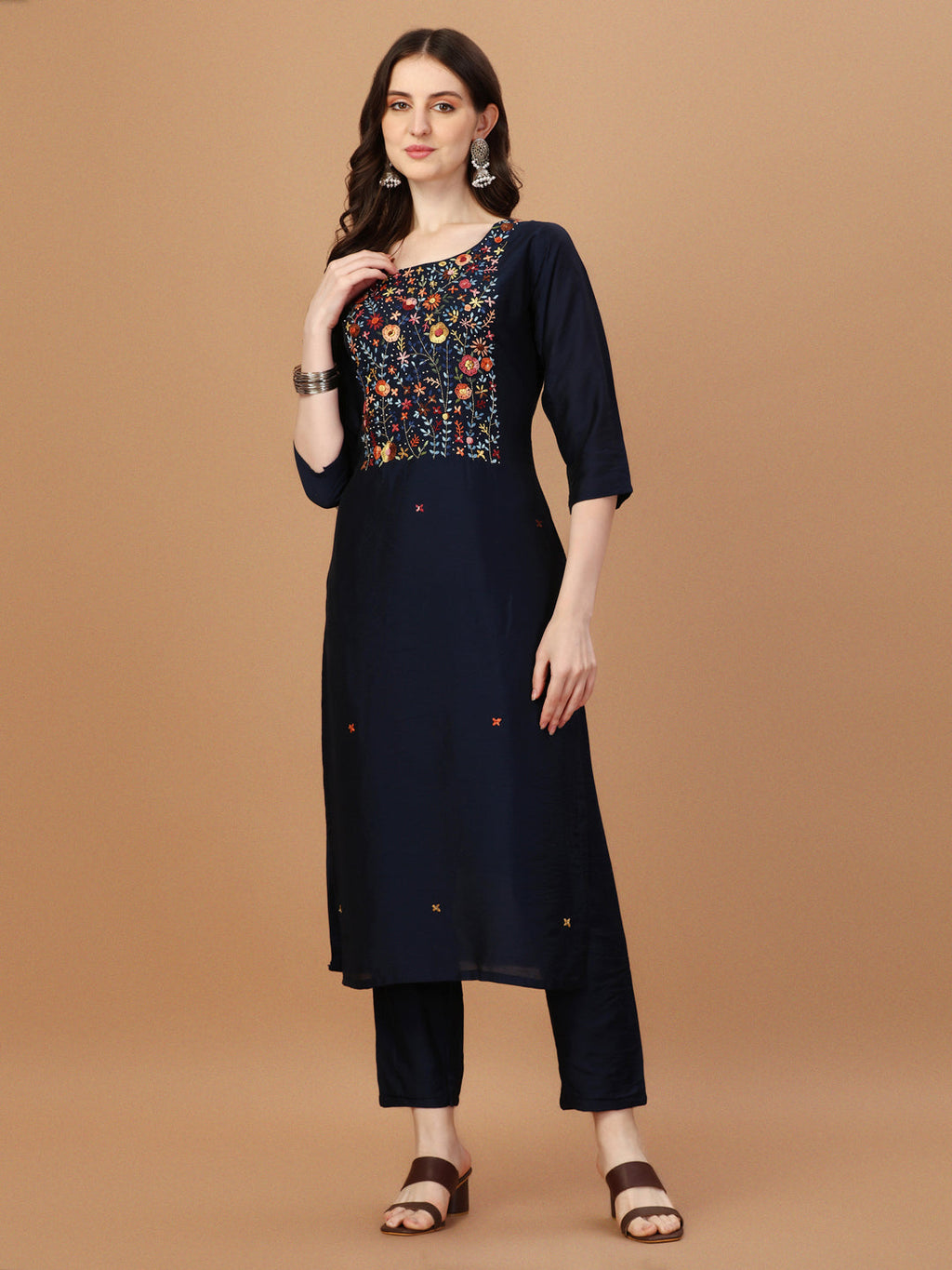 Embroidered Kurta With Pant And Embroidered Dupatta Set, Multicolor - Hiral Fashion | Grocsy
