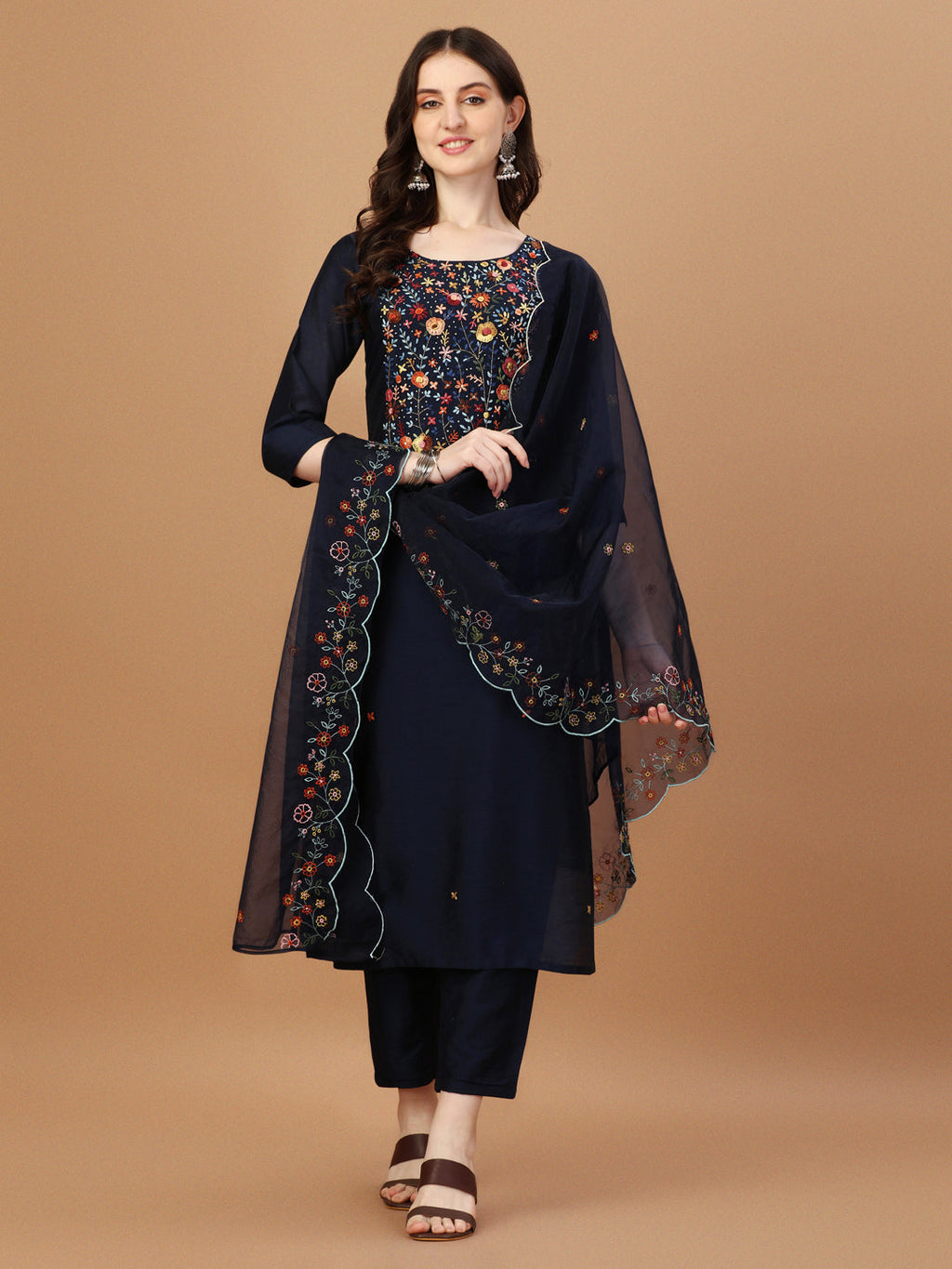 Embroidered Kurta With Pant And Embroidered Dupatta Set, Multicolor - Hiral Fashion | Grocsy