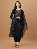 Embroidered Kurta With Pant And Embroidered Dupatta Set, Multicolor - Hiral Fashion | Grocsy