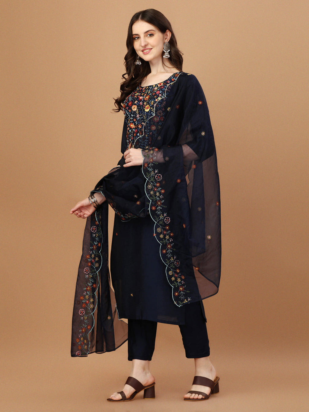 Embroidered Kurta With Pant And Embroidered Dupatta Set, Multicolor - Hiral Fashion | Grocsy