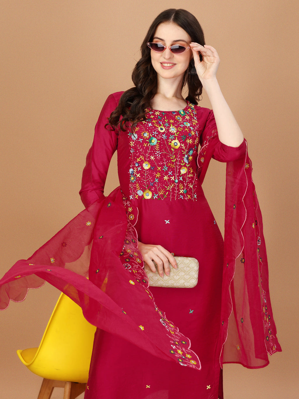 Embroidered Kurta With Pant And Embroidered Dupatta Set, Multicolor - Hiral Fashion | Grocsy