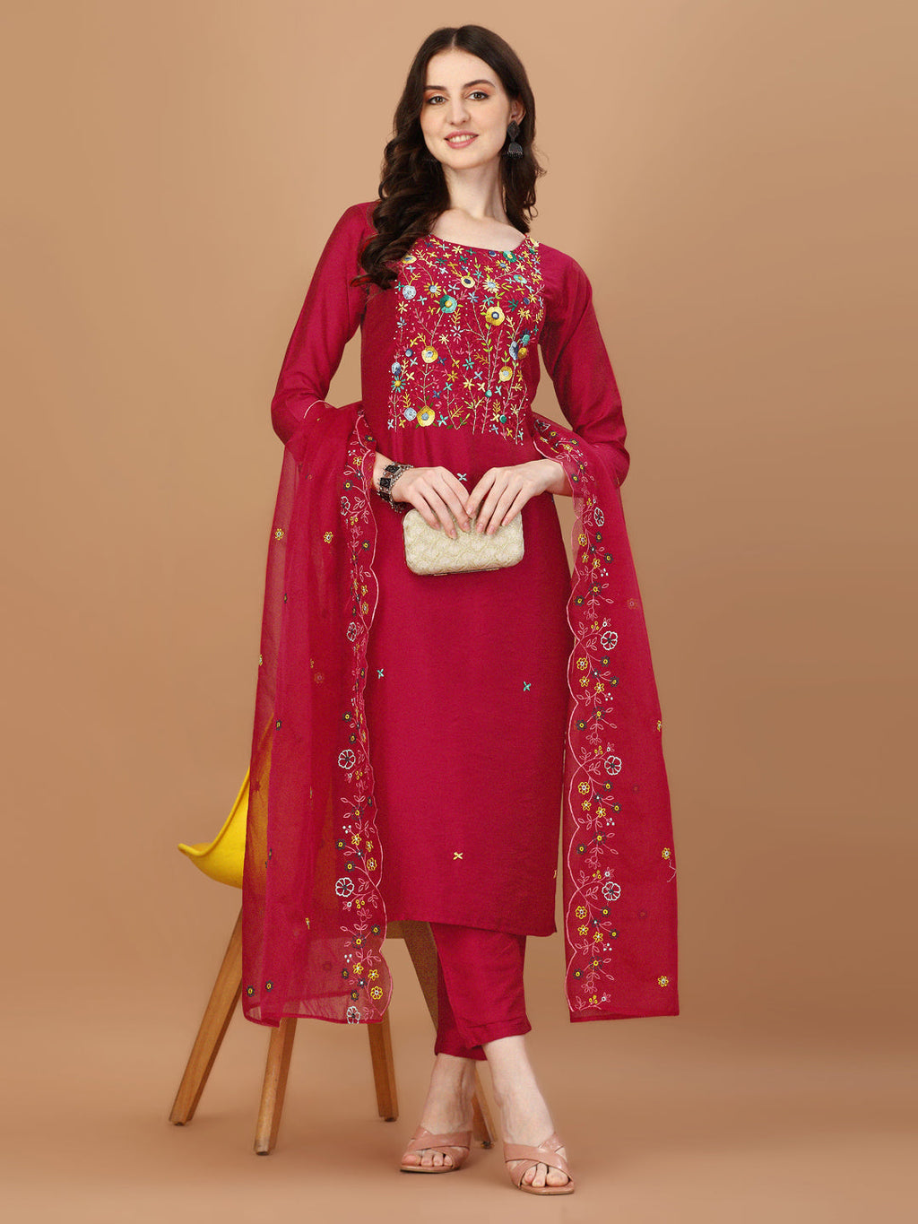 Embroidered Kurta With Pant And Embroidered Dupatta Set, Multicolor - Hiral Fashion | Grocsy