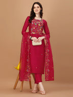 Embroidered Kurta With Pant And Embroidered Dupatta Set, Multicolor - Hiral Fashion | Grocsy