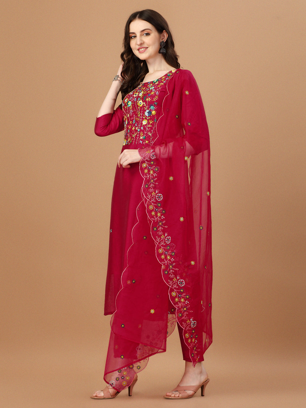 Embroidered Kurta With Pant And Embroidered Dupatta Set, Multicolor - Hiral Fashion | Grocsy