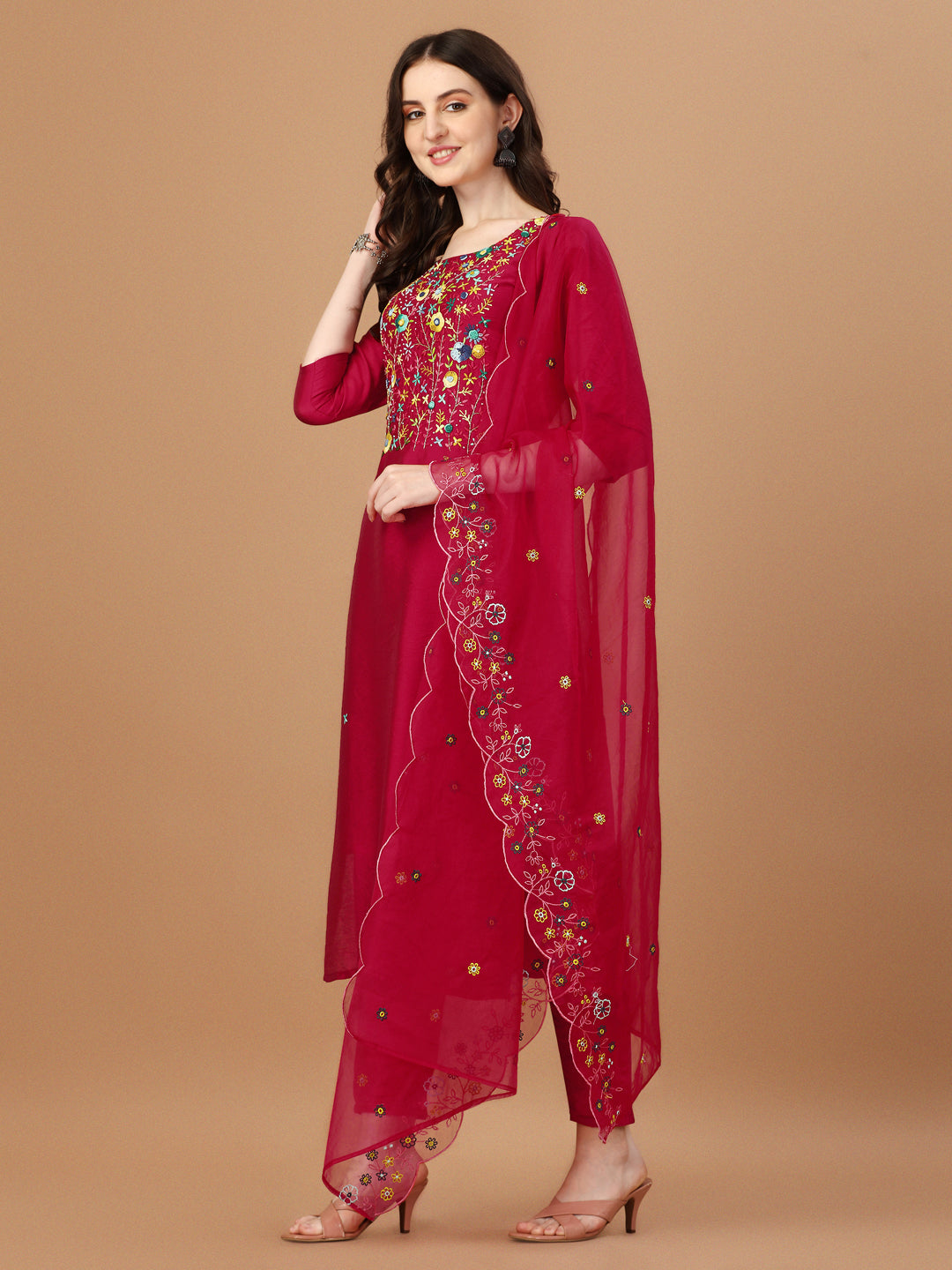 Embroidered Kurta With Pant And Embroidered Dupatta Set, Multicolor - Hiral Fashion | Grocsy