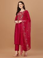 Embroidered Kurta With Pant And Embroidered Dupatta Set, Multicolor - Hiral Fashion | Grocsy