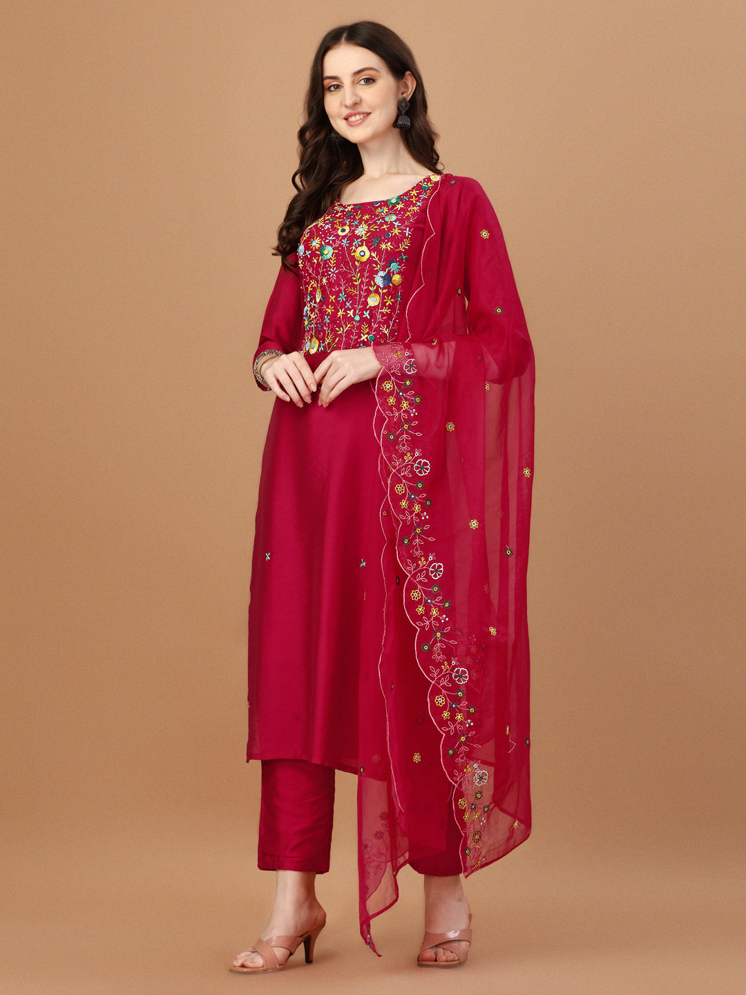 Embroidered Kurta With Pant And Embroidered Dupatta Set, Multicolor - Hiral Fashion | Grocsy