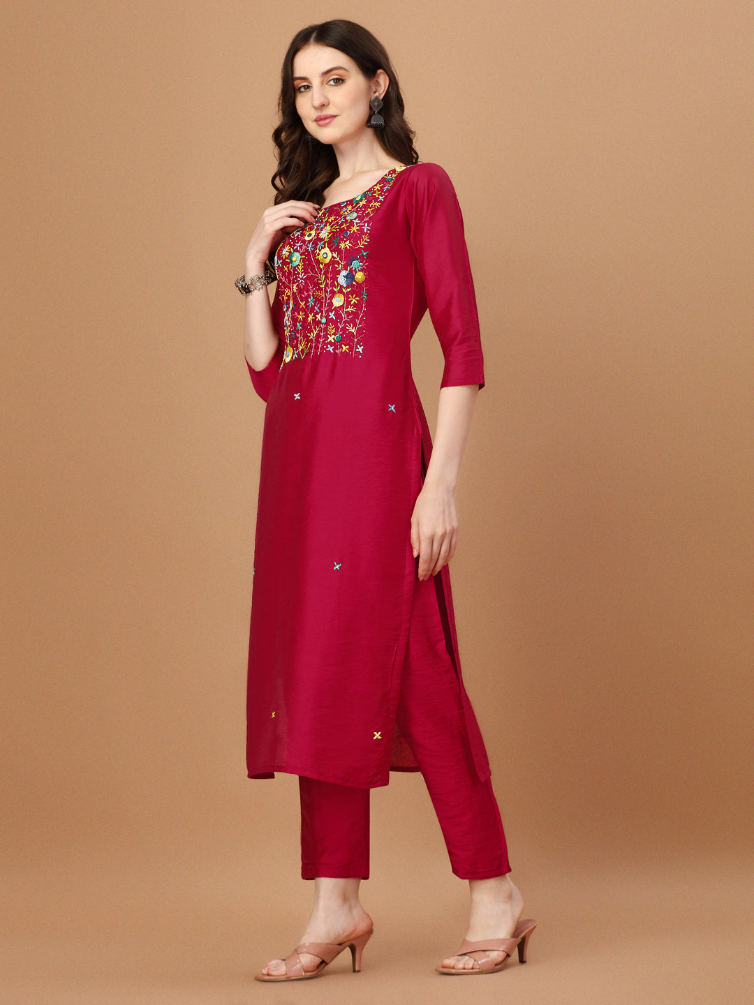 Embroidered Kurta With Pant And Embroidered Dupatta Set, Multicolor - Hiral Fashion | Grocsy